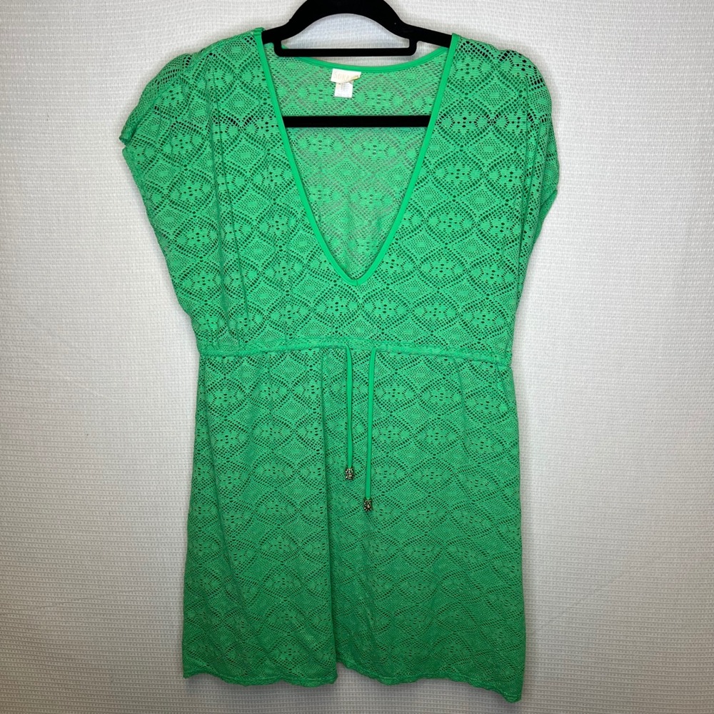 Soraya Green Crochet Lace Metallic V-Neck Swim Cover Up Dress One Size